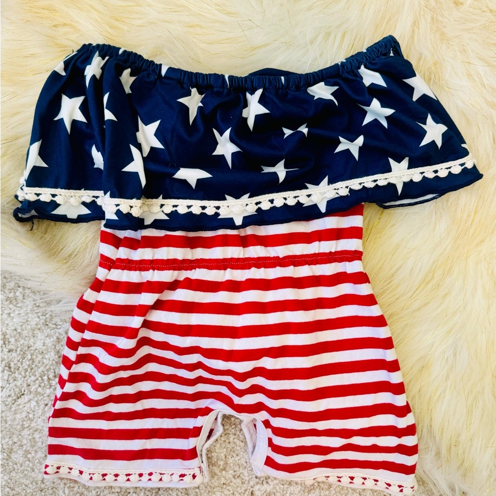 American Flag Stripe Star Print One Piece Romper Ruffle Off-Shoulder Bodysuit